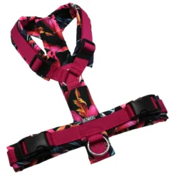 BUMER Hundegeschirr, gepolstert ohne geteilten Bruststeg, Größe M, Gurtband PREMIUM Fuchsia Flare, OXFORD Motiv (wie im Bild), Ringe silberfarbig (Edelstahl), Schnallen schwarz, Applikation