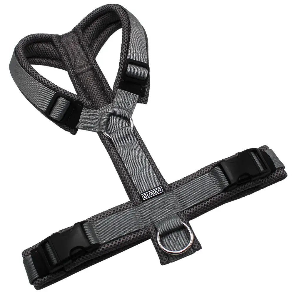 BUMER Hundegeschirr, gepolstert ohne geteilten Bruststeg, Größe M, Gurtband PREMIUM Pearly Horizon, MESH Grau, Ringe silberfarbig (Edelstahl), Schnallen schwarz