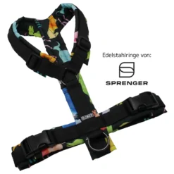 BUMER Hundegeschirr, gepolstert ohne geteilten Bruststeg, Größe M, Gurtband PREMIUM Pitch Black, OXFORD Motiv wie im Bild, Ringe schwarz (Edelstahl), Schnallen schwarz