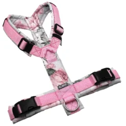 BUMER Hundegeschirr, gepolstert ohne geteilten Bruststeg, Größe M, Gurtband PREMIUM X Rosenzart, OXFORD Rosen, Ringe silberfarbig (Edelstahl), Schnallen schwarz, Applikation