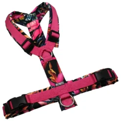 BUMER Hundegeschirr, gepolstert ohne geteilten Bruststeg, Größe M / L, Gurtband PREMIUM Himbeer Sorbet, OXFORD Motiv wie im Bild, Ringe silberfarbig (Edelstahl), Schnallen schwarz, Applikation