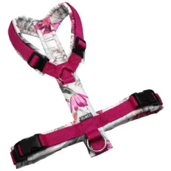 BUMER Hundegeschirr, gepolstert ohne geteilten Bruststeg, Größe M / L, Gurtband PREMIUM X Flamingo Flourish, OXFORD Hyacinth, Ringe silberfarbig (Edelstahl), Schnallen schwarz, Applikation