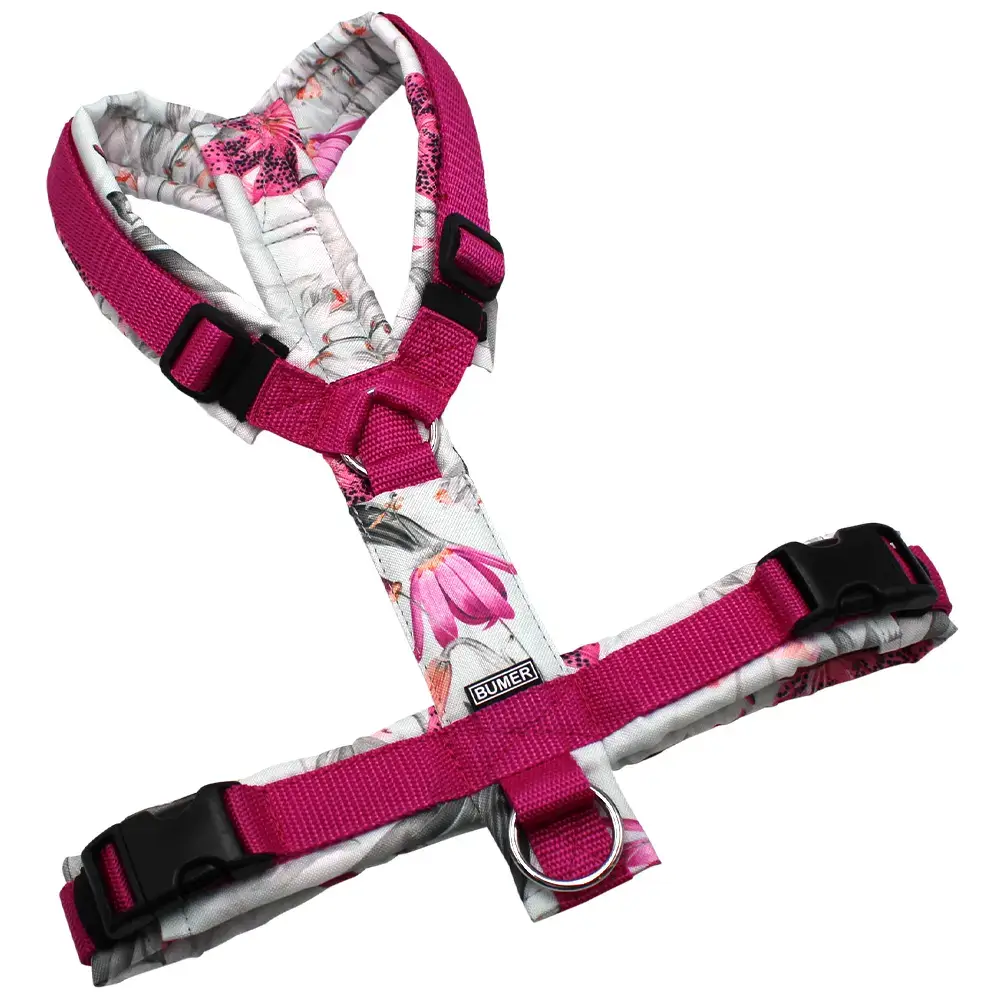 BUMER Hundegeschirr, gepolstert ohne geteilten Bruststeg, Größe M / L, Gurtband PREMIUM X Flamingo Flourish, OXFORD Hyacinth, Ringe silberfarbig (Edelstahl), Schnallen schwarz, Applikation