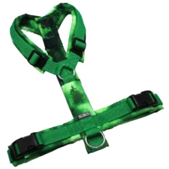 BUMER Hundegeschirr, gepolstert ohne geteilten Bruststeg, Größe M / L, Gurtband: Standard PLUS Grasgrün, OXFORD: Waldstimmung, Ringe: silberfarbig (Edelstahl), Schnallen: schwarz, Applikation