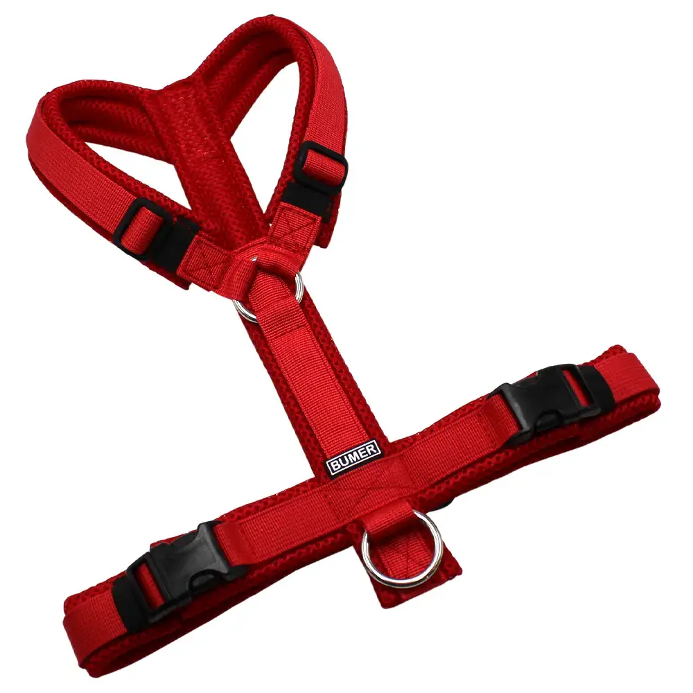 BUMER Hundegeschirr, gepolstert ohne geteilten Bruststeg, Größe S/M, Gurtband PREMIUM Flammenrot, MESH Rot, Ringe silberfarbig (Edelstahl), Schnallen schwarz