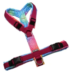 BUMER Hundegeschirr, gepolstert ohne geteilten Bruststeg, Größe S / M, Gurtband PREMIUM Fuchsia Flare, OXFORD Aurora Mandala, Ringe silberfarbig (Edelstahl), Schnallen schwarz, Applikation