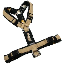 BUMER Hundegeschirr, gepolstert ohne geteilten Bruststeg, Größe S / M, Gurtband: PREMIUM X Creme, OXFORD: Hunde & Knochen, Ringe: silberfarbig (Edelstahl), Schnallen: schwarz, Applikation