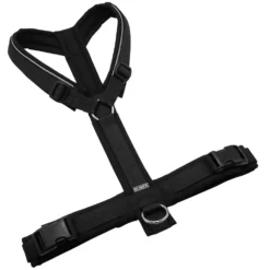 BUMER Hundegeschirr, gepolstert ohne geteilten Bruststeg, Größe XL, Gurtband PREMIUM Pitch Black, Softshell Schwarz, Ringe silberfarbig (Edelstahl), Schnallen schwarz (DURAFLEX®), Paspel grau (reflektierend)