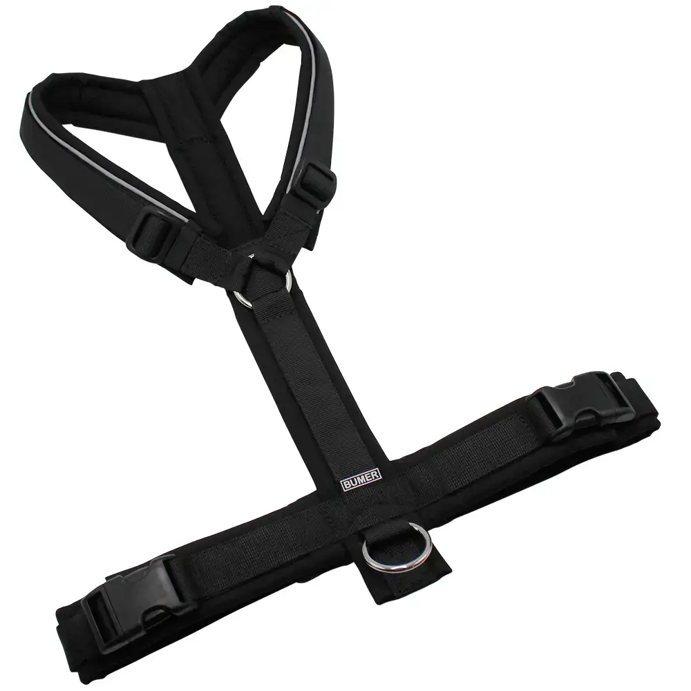 BUMER Hundegeschirr, gepolstert ohne geteilten Bruststeg, Größe XL, Gurtband PREMIUM Pitch Black, Softshell Schwarz, Ringe silberfarbig (Edelstahl), Schnallen schwarz (DURAFLEX®), Paspel grau (reflektierend)
