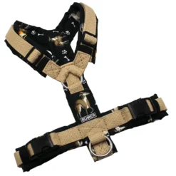 BUMER Hundegeschirr, gepolstert ohne geteilten Bruststeg, Größe XS / S, Gurtband PREMIUM X Creme, OXFORD Hunde & Knochen, Ringe silberfarbig (Edelstahl), Schnallen schwarz, Applikation