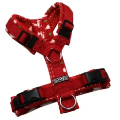BUMER Hundegeschirr, gepolstert ohne geteilten Bruststeg, Größe XXS, Gurtband PREMIUM Flammenrot, Softshell Weihnachten #12, Ringe silberfarbig (Edelstahl), Schnallen schwarz