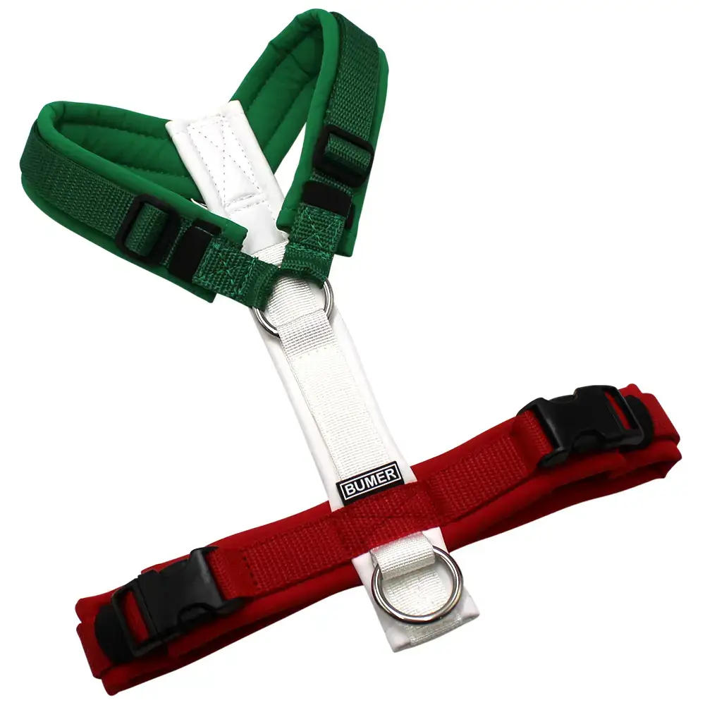 BUMER MULTICOLOR Hundegeschirr, gepolstert ohne geteilten Bruststeg, Größe L, Ringe: silberfarbig (Edelstahl), Schnallen: schwarz