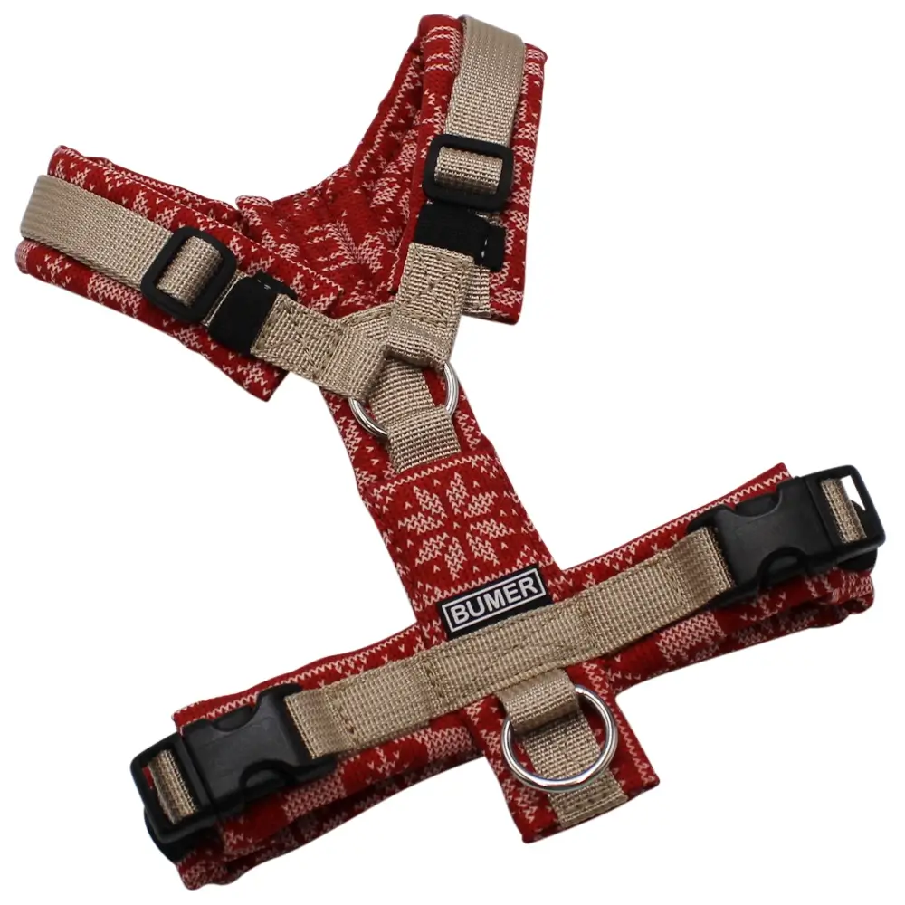 BUMER Hundegeschirr, gepolstert ohne geteilten Bruststeg, Größe XXS/XS, Gurtband PREMIUM Soft Beige, Softshell Weihnachten #11, Ringe silberfarbig (Edelstahl), Schnallen schwarz, Applikation