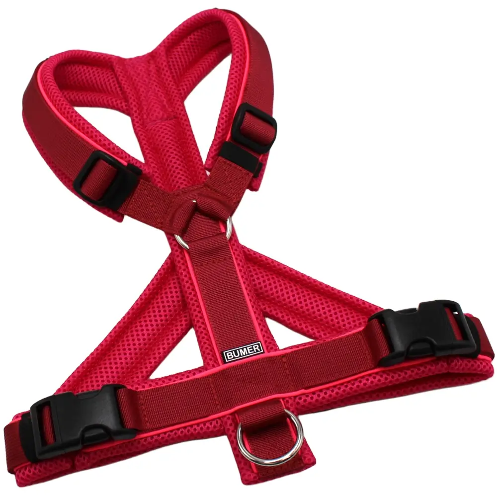 BUMER Hundegeschirr, Größe M, Gurtband PREMIUM Berry Bordeaux, Mesh Pink, Ringe silberfarbig (Edelstahl), Schnallen schwarz (DURAFLEX®), Paspel Neonpink