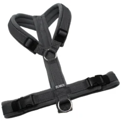 BUMER Hundegeschirr, Gurtband Dunkelgrau (Standard PLUS), Fleece Driftwood Ash, gepolstert ohne geteilten Bruststeg, Größe S/M, Ringe silberfarbig (Edelstahl), Schnallen schwarz (DURAFLEX®)