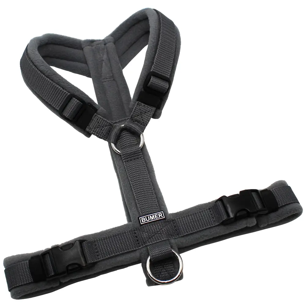 BUMER Hundegeschirr, Gurtband Dunkelgrau (Standard PLUS), Fleece Driftwood Ash, gepolstert ohne geteilten Bruststeg, Größe S/M, Ringe silberfarbig (Edelstahl), Schnallen schwarz (DURAFLEX®)