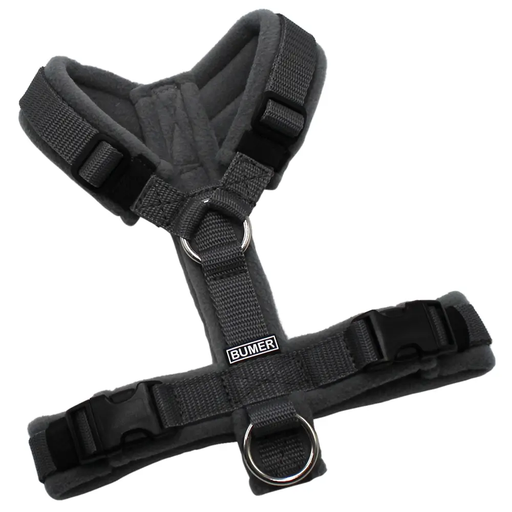 BUMER Hundegeschirr, Gurtband Dunkelgrau (Standard PLUS), Fleece Driftwood Ash, gepolstert ohne geteilten Bruststeg, Größe XS, Ringe silberfarbig (Edelstahl), Schnallen schwarz (DURAFLEX®)