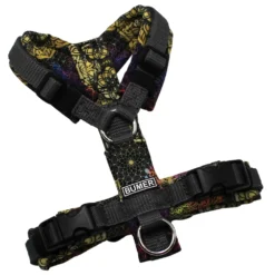 BUMER Hundegeschirr, Gurtband Dunkelgrau Standard PLUS, Softshell Bunte Mandala, gepolstert ohne geteilten Bruststeg, Größe XXS, Ringe silberfarbig (Edelstahl), Schnallen schwarz (DURAFLEX®), Applikation