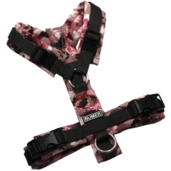 BUMER Hundegeschirr, Gurtband PREMIUM Camouflage Green, Softshell Mauve Memento, gepolstert ohne geteilten Bruststeg, Größe XXS/XS, Ringe silberfarbig (Edelstahl), Schnallen schwarz (DURAFLEX®). Applikation