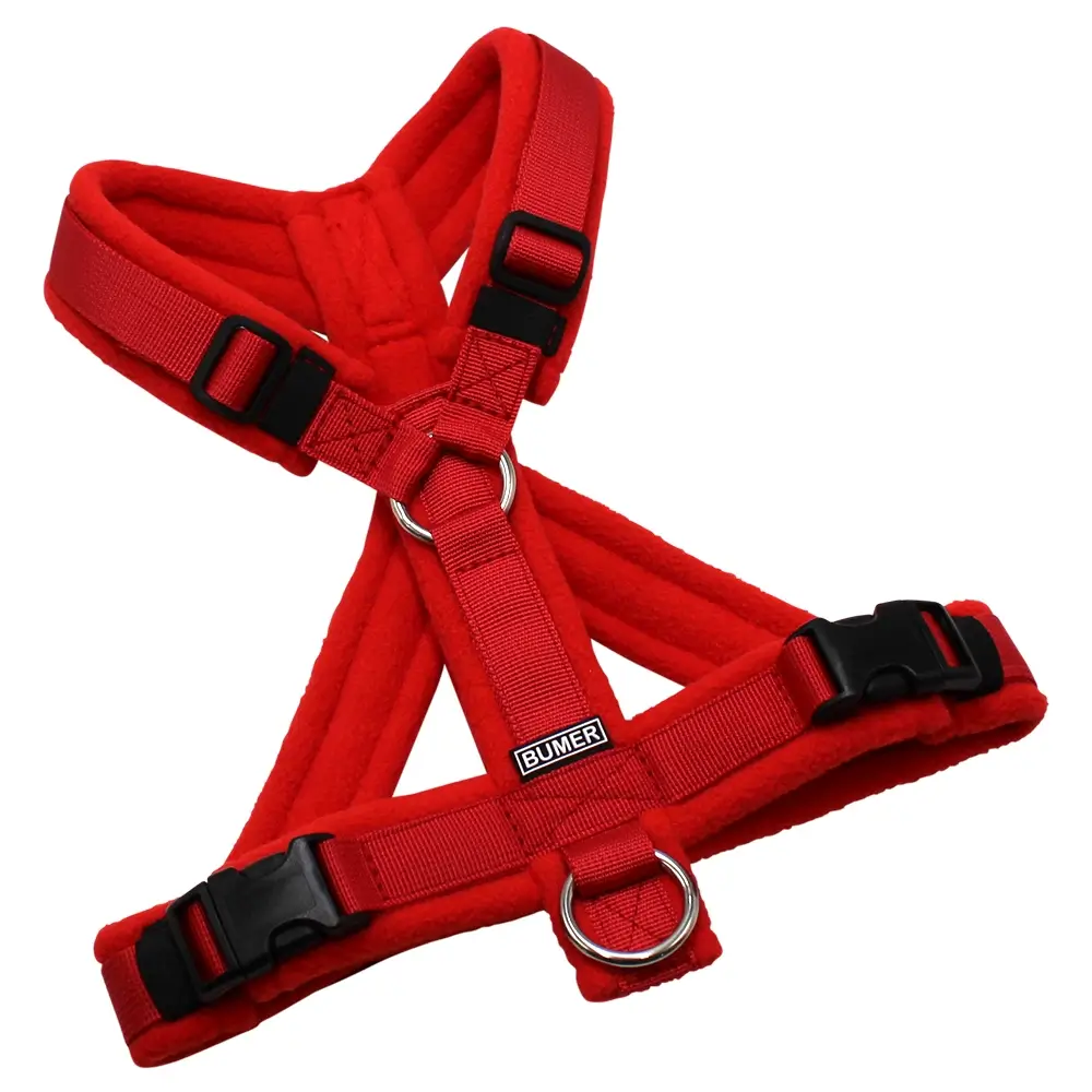 BUMER Hundegeschirr, Gurtband PREMIUM Flammenrot, Fleece Burnt Umber, gepolstert mit geteiltem Bruststeg, Größe S, Ringe silberfarbig (Edelstahl), Schnallen schwarz (DURAFLEX®)