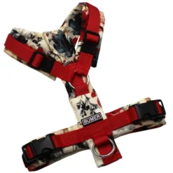 BUMER Hundegeschirr, Gurtband PREMIUM Flammenrot, Softshell Blumengeflüster, gepolstert ohne geteilten Bruststeg, Größe XXS/XS, Ringe silberfarbig (Edelstahl), Schnallen schwarz (DURAFLEX®), Applikation