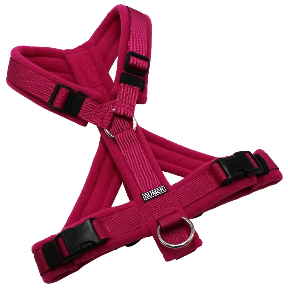 BUMER Hundegeschirr, Gurtband PREMIUM Fuchsia Flare, Fleece Berry Noir, gepolstert mit geteiltem Bruststeg, Größe S, Ringe silberfarbig (Edelstahl), Schnallen schwarz (DURAFLEX®)