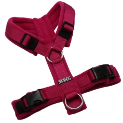 BUMER Hundegeschirr, Gurtband PREMIUM Fuchsia Flare, Fleece Berry Noir, gepolstert ohne geteiltem Bruststeg, Größe S/M, Ringe silberfarbig (Edelstahl), Schnallen schwarz (DURAFLEX®)a