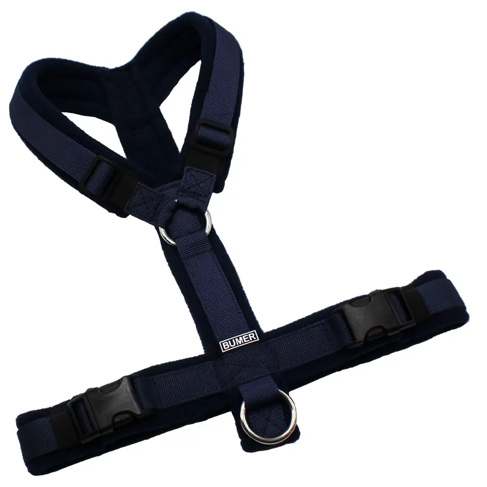 BUMER Hundegeschirr, Gurtband PREMIUM Midnight Indigo, Fleece Midnight Ink, gepolstert ohne geteilten Bruststeg, Größe S/M, Ringe silberfarbig (Edelstahl), Schnallen schwarz (DURAFLEX®)