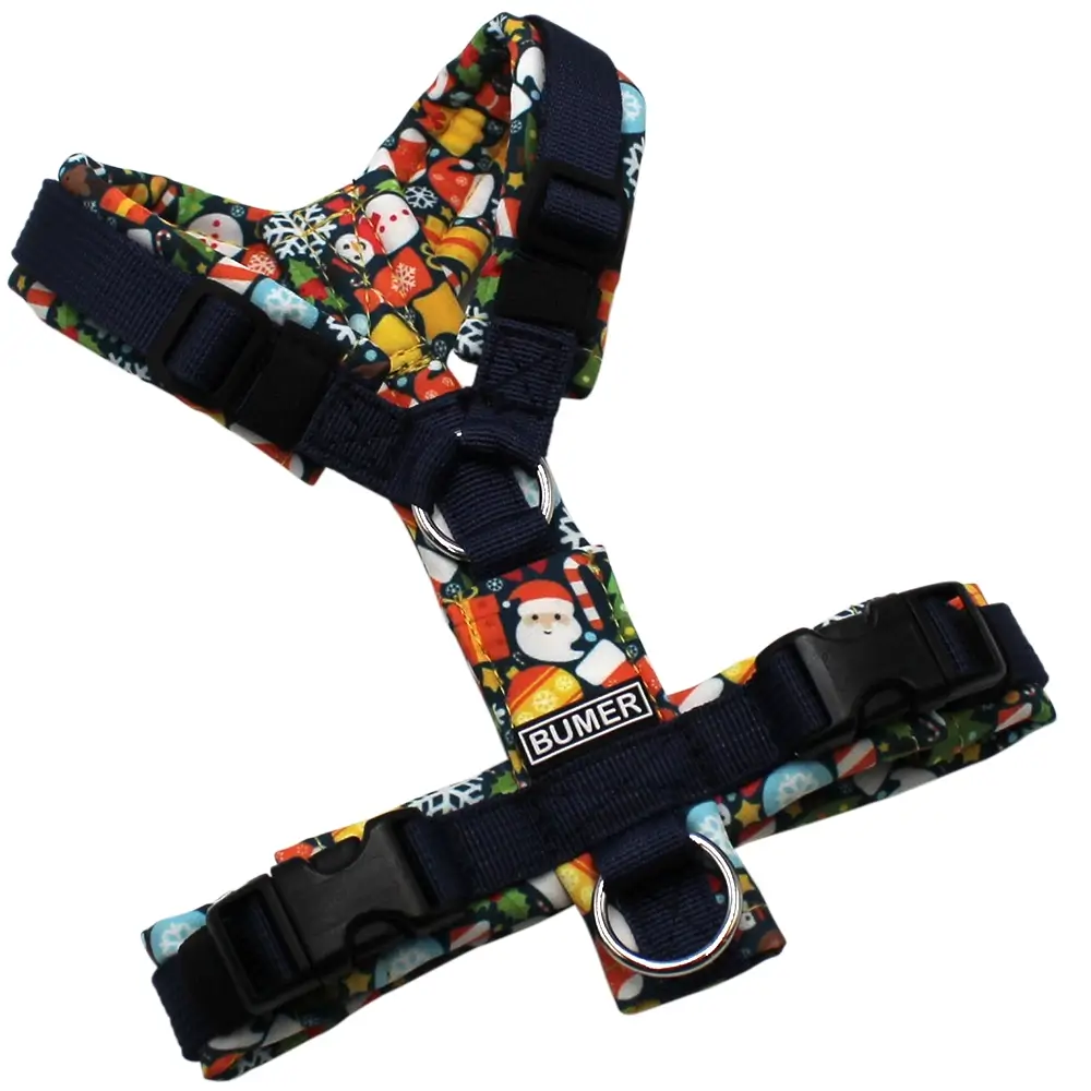 BUMER Hundegeschirr, Gurtband PREMIUM Midnight Indigo, Softshell Weihnachten #3, gepolstert ohne geteiltem Bruststeg, Größe XXS, Ringe silberfarbig (Edelstahl), Schnallen schwarz (DURAFLEX®), Applikation