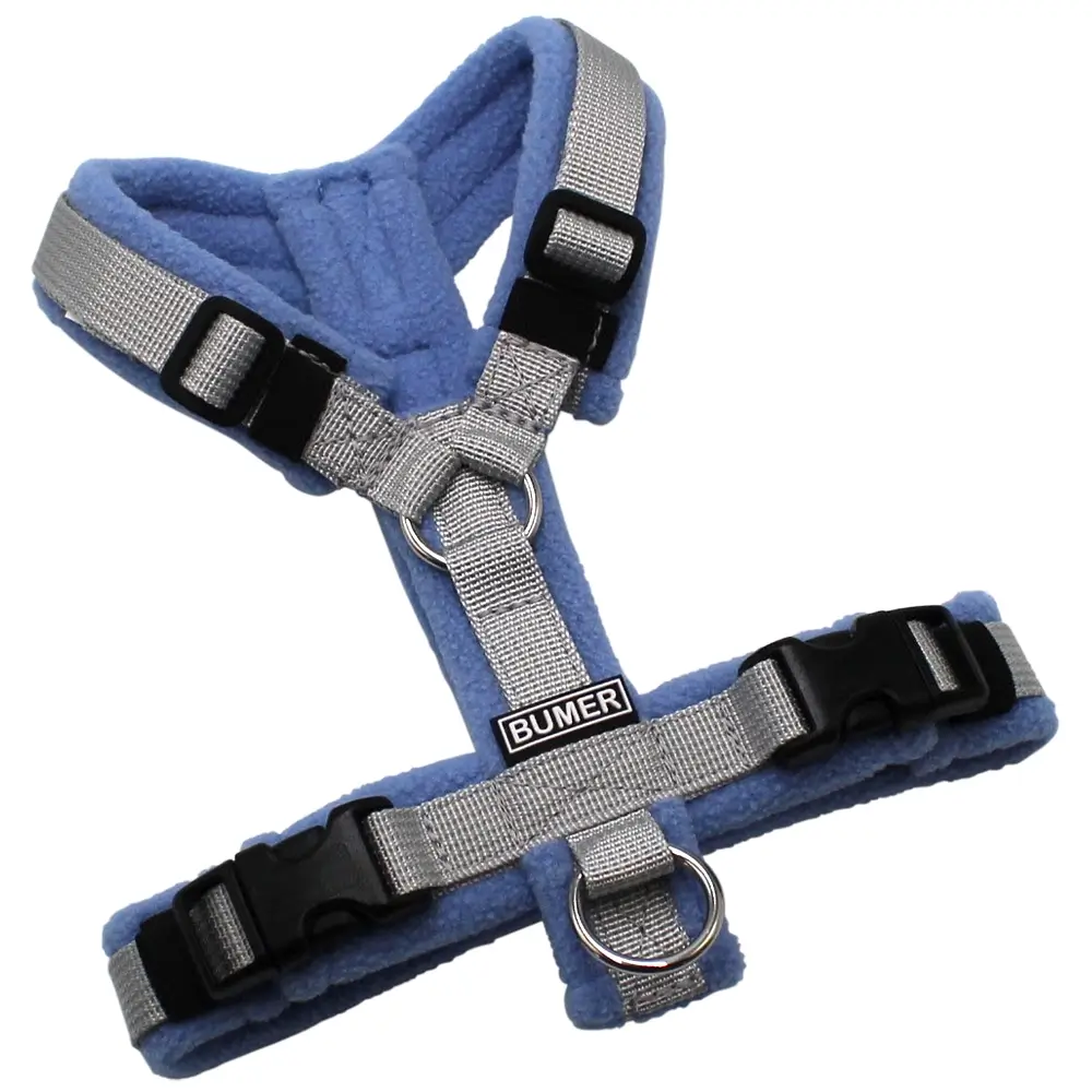 BUMER Hundegeschirr, Gurtband PREMIUM Muschelgrau, Fleece Lavender Twilight, gepolstert ohne geteiltem Bruststeg, Größe XXS, Ringe silberfarbig (Edelstahl), Schnallen schwarz (DURAFLEX®)