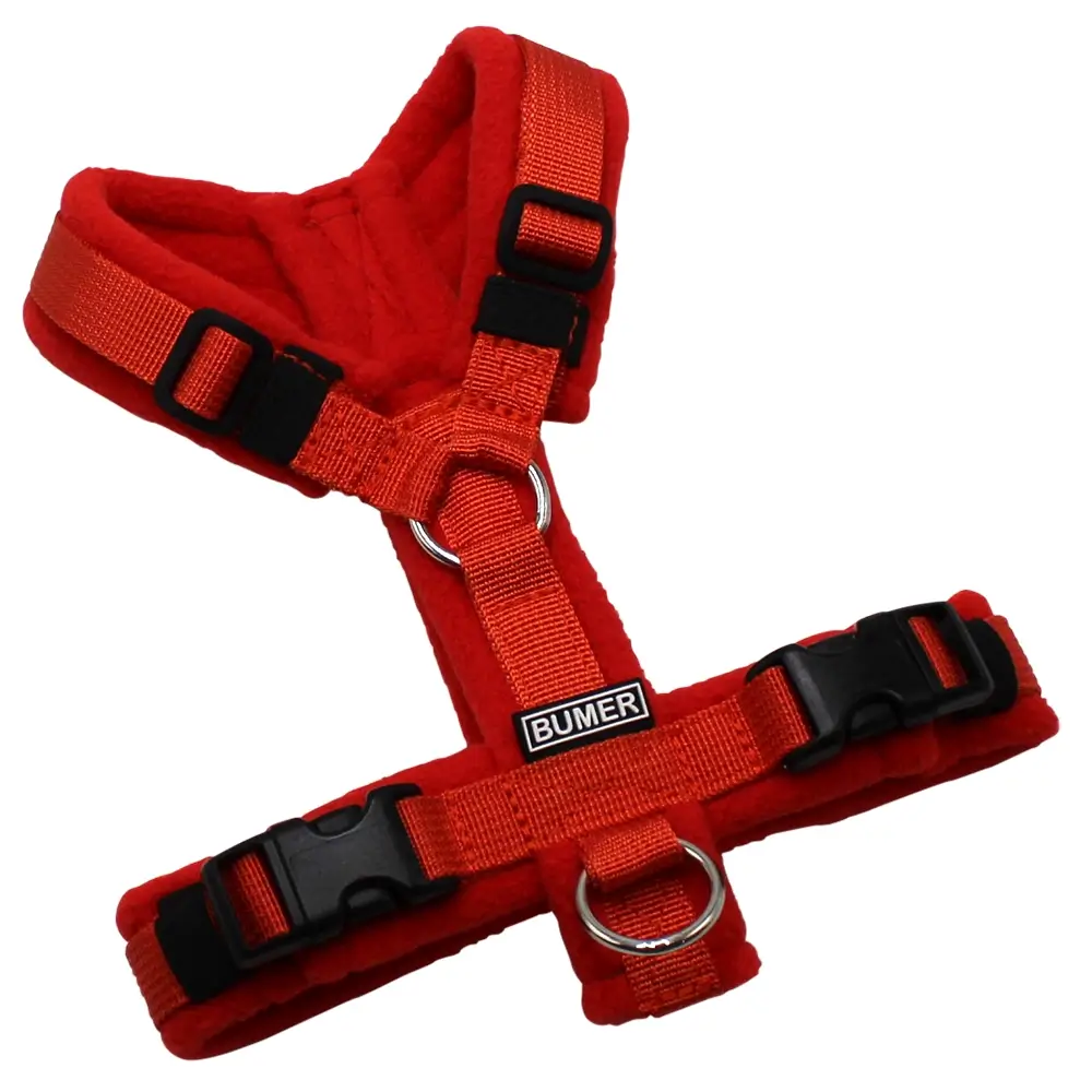 BUMER Hundegeschirr, Gurtband PREMIUM Scarlett Essence, Fleece Burnt Umber, gepolstert ohne geteilten Bruststeg, Größe XXS, Ringe silberfarbig (Edelstahl), Schnallen schwarz (DURAFLEX®)