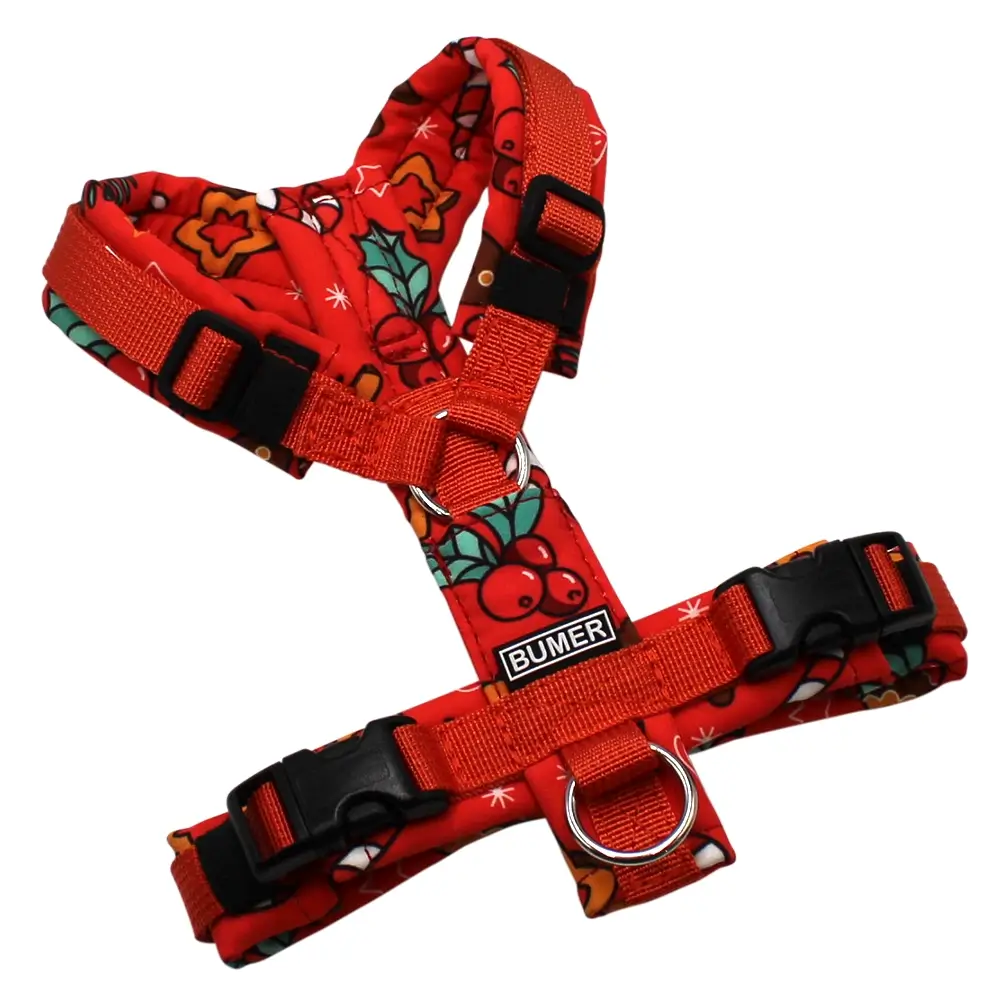 BUMER Hundegeschirr, Gurtband PREMIUM Scarlett Essence, Softshell Weihnachten #1, gepolstert ohne geteiltem Bruststeg, Größe XXS, Ringe silberfarbig (Edelstahl), Schnallen schwarz (DURAFLEX®), Applikation