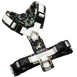 BUMER Hundegeschirr, Gurtband PREMIUM Silken Snow, Softshell Einhorn Regenbogen, gepolstert ohne geteilten Bruststeg, Größe XXS, Ringe silberfarbig (Edelstahl), Schnallen schwarz (DURAFLEX®)