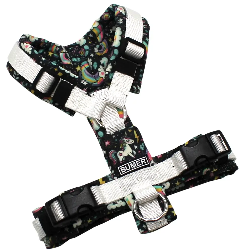 BUMER Hundegeschirr, Gurtband PREMIUM Silken Snow, Softshell Einhorn Regenbogen, gepolstert ohne geteilten Bruststeg, Größe XXS, Ringe silberfarbig (Edelstahl), Schnallen schwarz (DURAFLEX®)