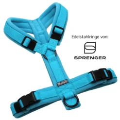 BUMER Hundegeschirr, Gurtband PREMIUM X Glacier Breeze, Fleece Clearwaterblue, gepolstert ohne geteilten Bruststeg, Größe S, Ringe schwarz (Edelstahl), Schnallen schwarz (DURAFLEX®)