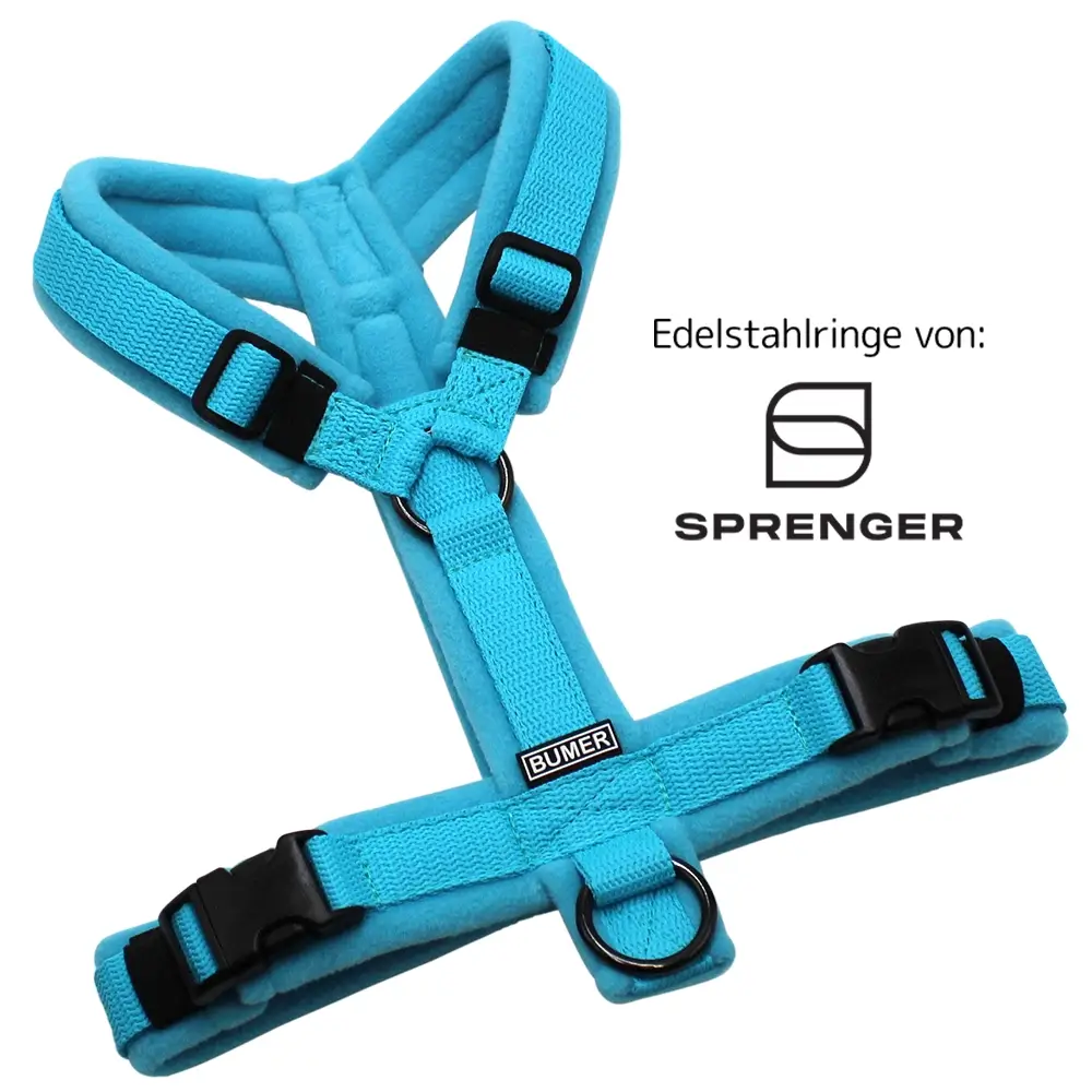 BUMER Hundegeschirr, Gurtband PREMIUM X Glacier Breeze, Fleece Clearwaterblue, gepolstert ohne geteilten Bruststeg, Größe S, Ringe schwarz (Edelstahl), Schnallen schwarz (DURAFLEX®)