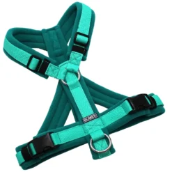 BUMER Hundegeschirr, Gurtband PREMIUM X Minze, Fleece Deep Sea, gepolstert mit geteiltem Bruststeg, Größe S, Ringe silberfarbig (Edelstahl), Schnallen schwarz (DURAFLEX®)