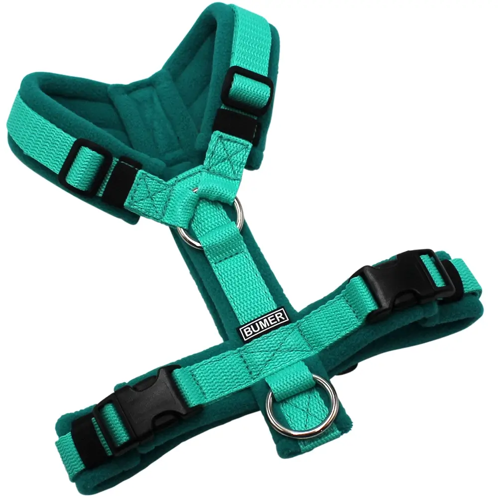 BUMER Hundegeschirr, Gurtband: PREMIUM X Minze, Fleece: Deep Sea, gepolstert ohne geteilten Bruststeg, Größe XS, Ringe: silberfarbig (Edelstahl), Schnallen: schwarz (DURAFLEX®)