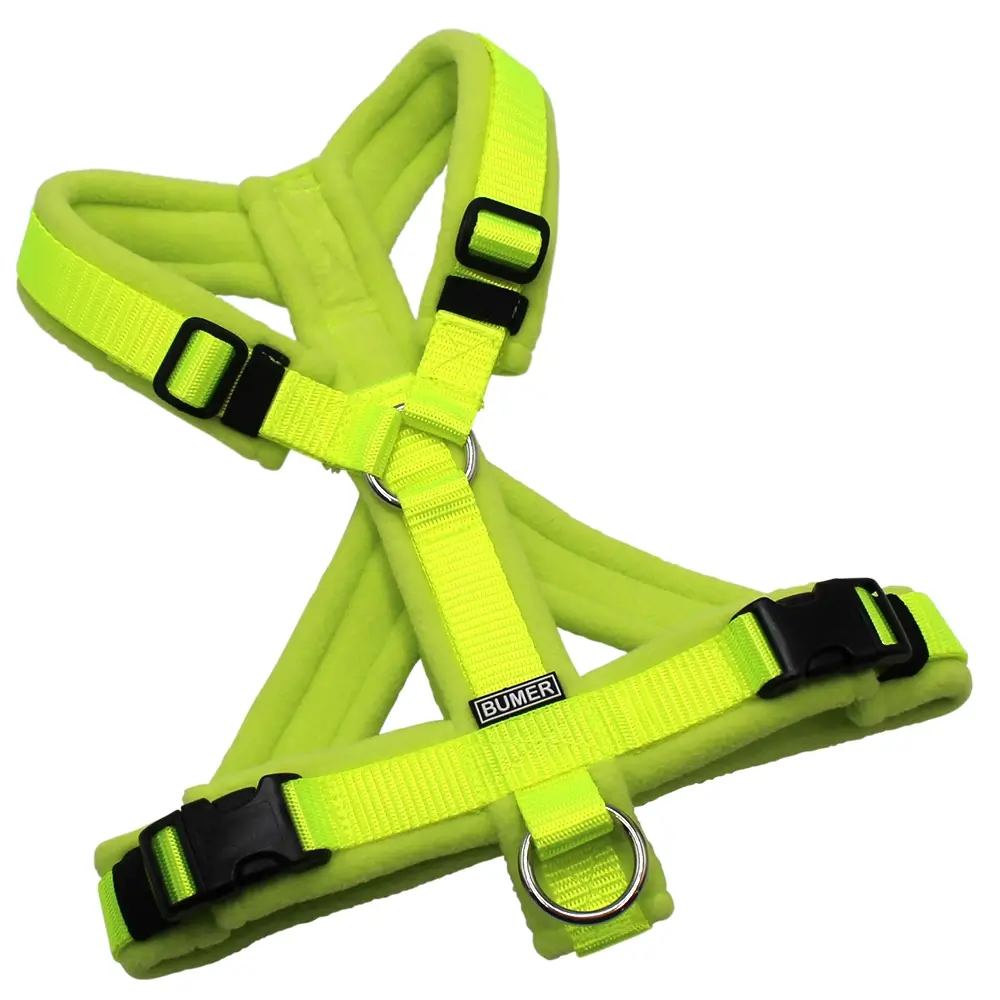BUMER Hundegeschirr, Gurtband PREMIUM X Neongelb, Fleece Lemon Zest, gepolstert mit geteiltem Bruststeg, Größe S, Ringe silberfarbig (Edelstahl), Schnallen schwarz (DURAFLEX®)
