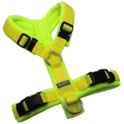 BUMER Hundegeschirr, Gurtband PREMIUM X Zitrinzauber, Fleece Neongelb, gepolstert ohne geteilten Bruststeg, Größe XS, Ringe silberfarbig (Edelstahl), Schnallen schwarz (DURAFLEX®)