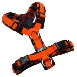 BUMER Hundegeschirr, Gurtband Safran Glut (PREMIUM X), Softshell Herbstfunkeln, gepolstert ohne geteiltem Bruststeg, Größe XXS, Ringe silberfarbig (Edelstahl), Schnallen schwarz (DURAFLEX®)