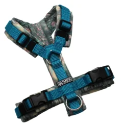 BUMER Hundegeschirr, Gurtband Türkis (Standard PLUS), Softshell Symphony of Water Lilies, gepolstert ohne geteiltem Bruststeg, Größe XXS, Ringe silberfarbig (Edelstahl), Schnallen schwarz (DURAFLEX®)