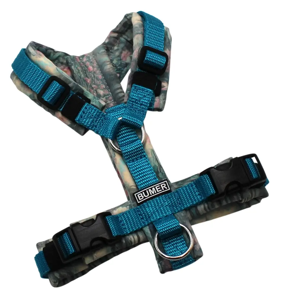 BUMER Hundegeschirr, Gurtband Türkis (Standard PLUS), Softshell Symphony of Water Lilies, gepolstert ohne geteiltem Bruststeg, Größe XXS, Ringe silberfarbig (Edelstahl), Schnallen schwarz (DURAFLEX®)