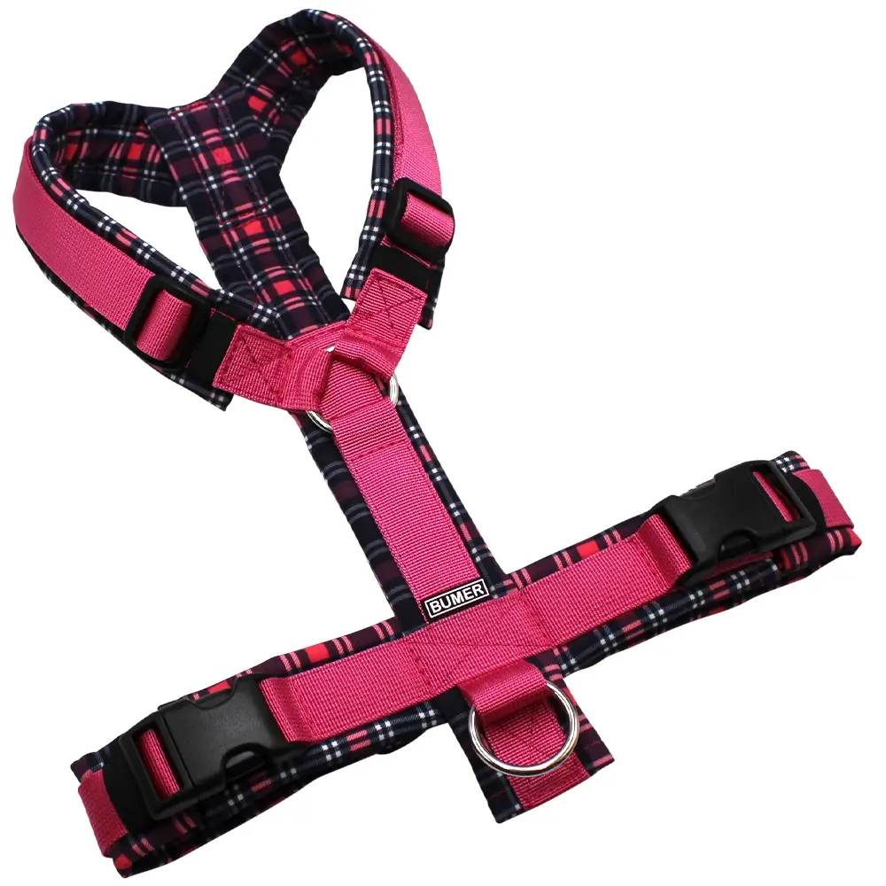 BUMER Hundegeschirr, gepolstert, Größe M, Gurtband PREMIUM Himbeer Sorbet, Softshell Ruby Rendezvous, Ringe silberfarbig (Edelstahl), Schnallen schwarz (DURAFLEX®)
