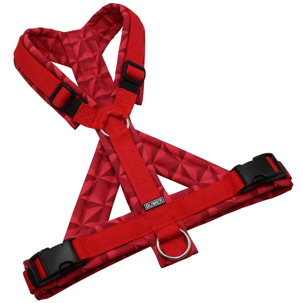 BUMER Hundegeschirr, gepolstert, Größe M/L, Gurtband PREMIUM Feuerrot, Softshell Prismen Rot, Ringe silberfarbig (Edelstahl), Schnallen schwarz (DURAFLEX®)