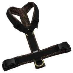 BUMER Hundegeschirr, gepolstert, Größe M/L, Gurtband PREMIUM Pitch Black, Oxford Leopard Leo #5, Ringe goldfarbig, Schnallen schwarz (DURAFLEX®)