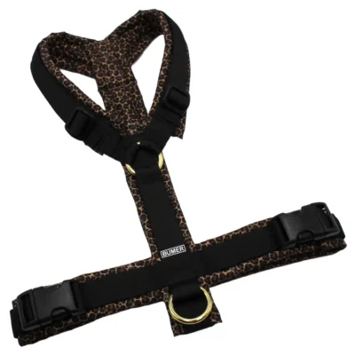 BUMER Hundegeschirr, gepolstert, Größe M/L, Gurtband: PREMIUM Pitch Black, Oxford: Leopard Leo #5, Ringe: goldfarbig, Schnallen: schwarz (DURAFLEX®)