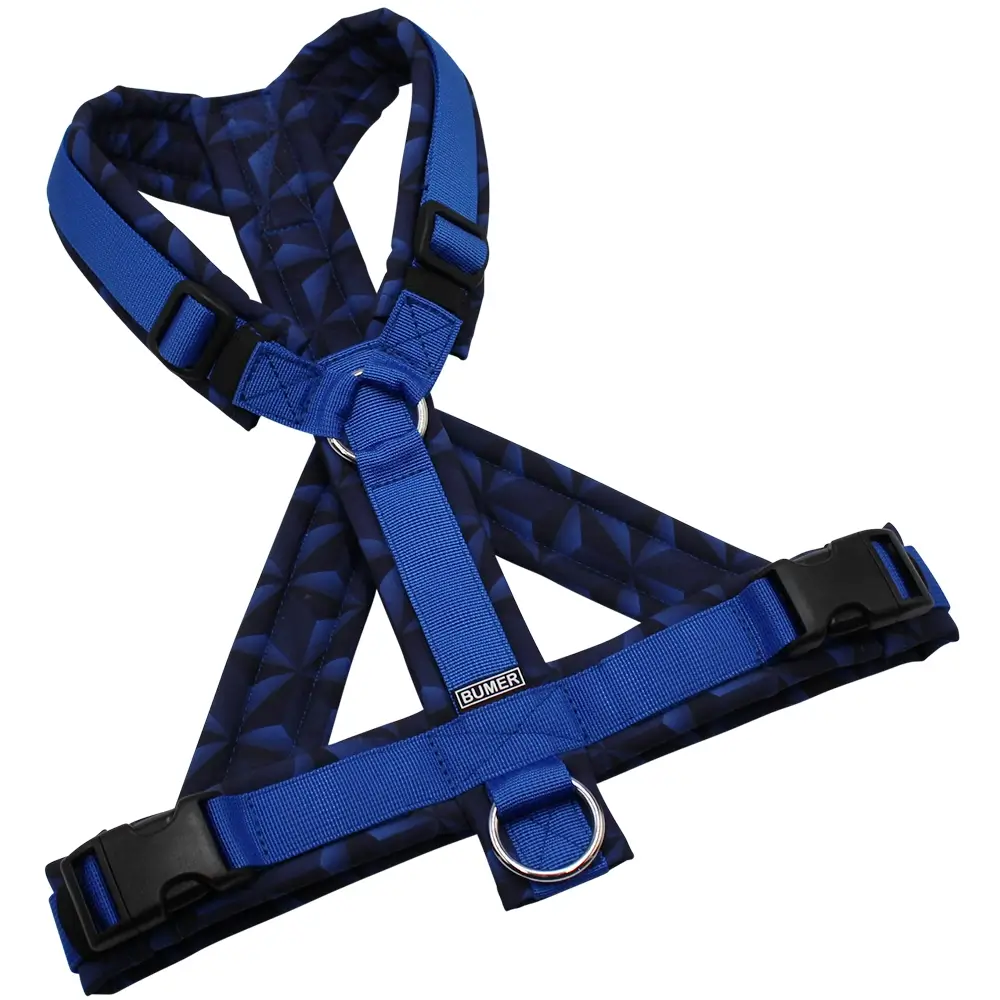 BUMER Hundegeschirr, gepolstert, Größe M/L, Gurtband PREMIUM Royal Saphire, Softshell Prismen Navy, Ringe silberfarbig (Edelstahl), Schnallen schwarz (DURAFLEX®)