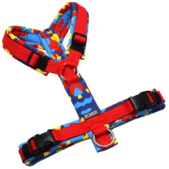 BUMER Hundegeschirr, gepolstert, Größe S, Gurtband PREMIUM X Feuerrot, Softshell Camou POP ART, Ringe silberfarbig (Edelstahl), Schnallen schwarz (DURAFLEX®), Applikation