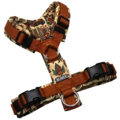 BUMER Hundegeschirr, gepolstert, Größe XS, Gurtband Hellbraun, Softshell Desi Dream, Ringe silberfarbig (Edelstahl), Schnallen schwarz (DURAFLEX®), Applikation